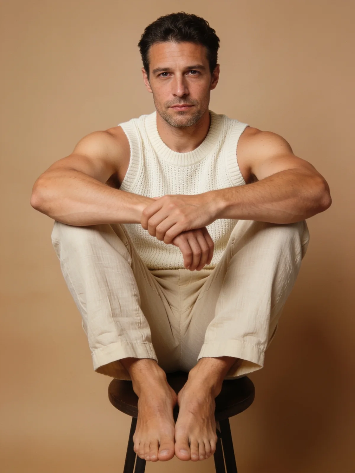 Homme assis sur un tabouret, en camisole, bras croisés sur les genoux