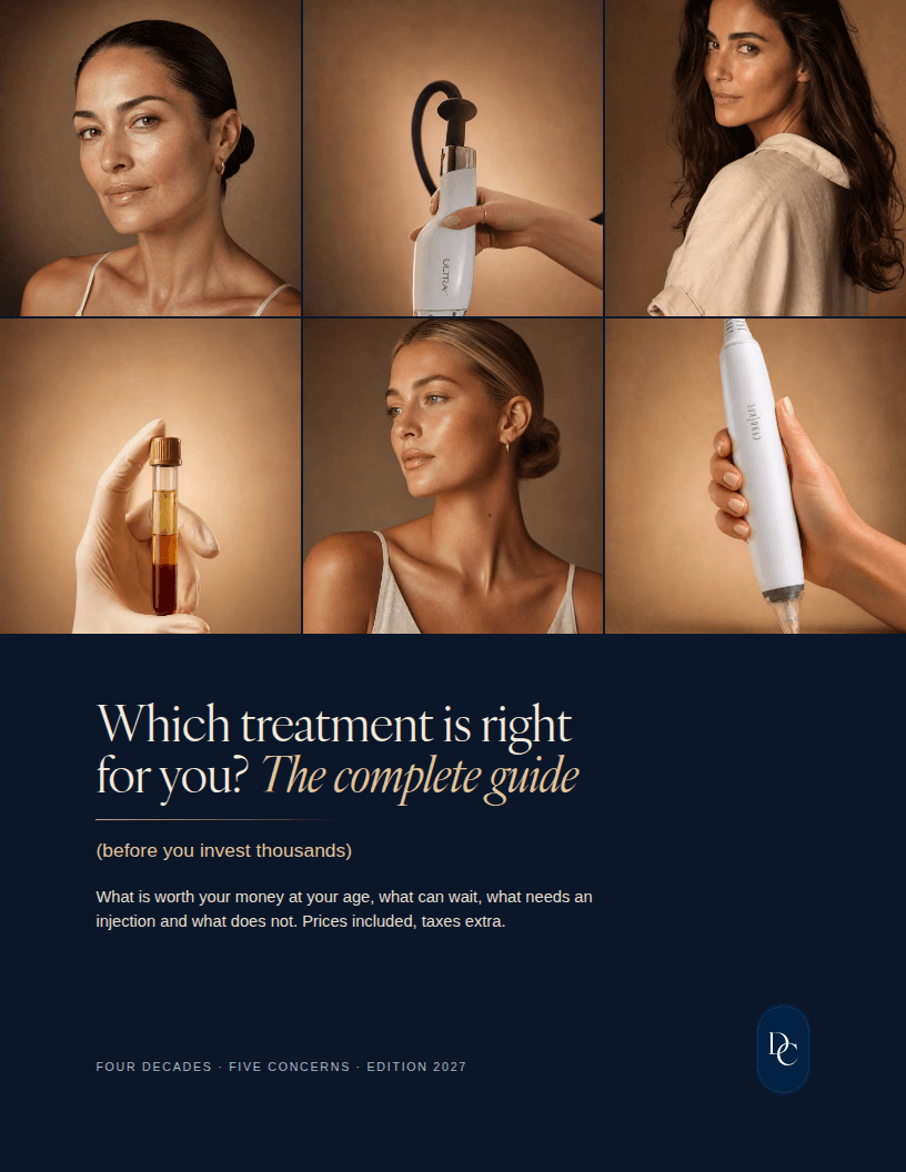 The cover of the guide: six photographs of the clinic’s treatments and devices