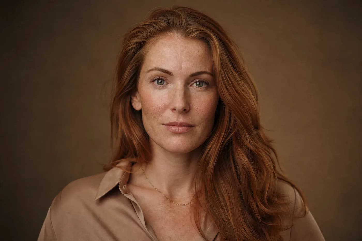 A woman in her thirties, red hair, soft light