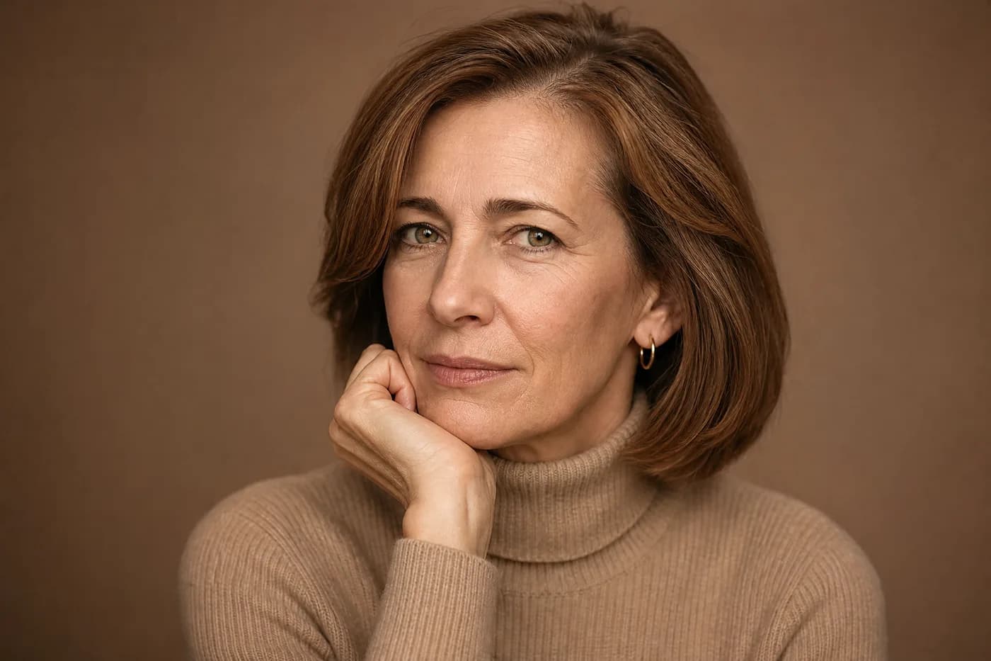 A woman in her fifties, chin resting on her hand