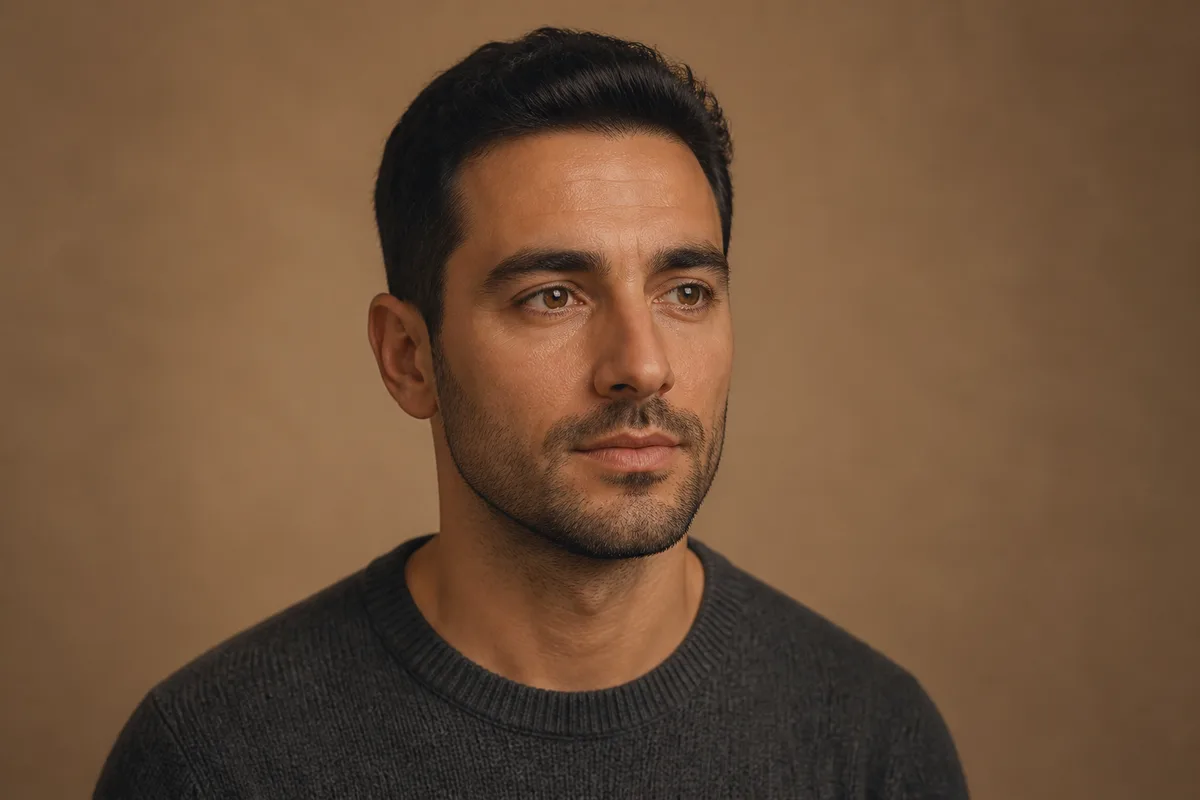 Man in his thirties, a few days’ stubble and a forehead still smooth at rest