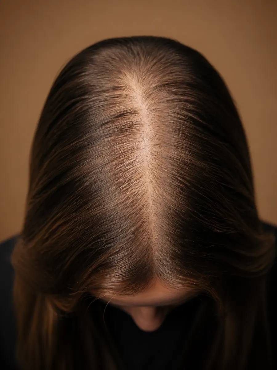 Top view of a woman's scalp with a widening part, diffuse hair loss