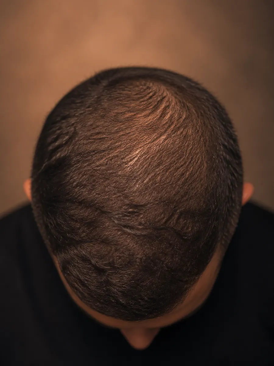 Top view of a man's scalp with evenly reduced density and no bald patch