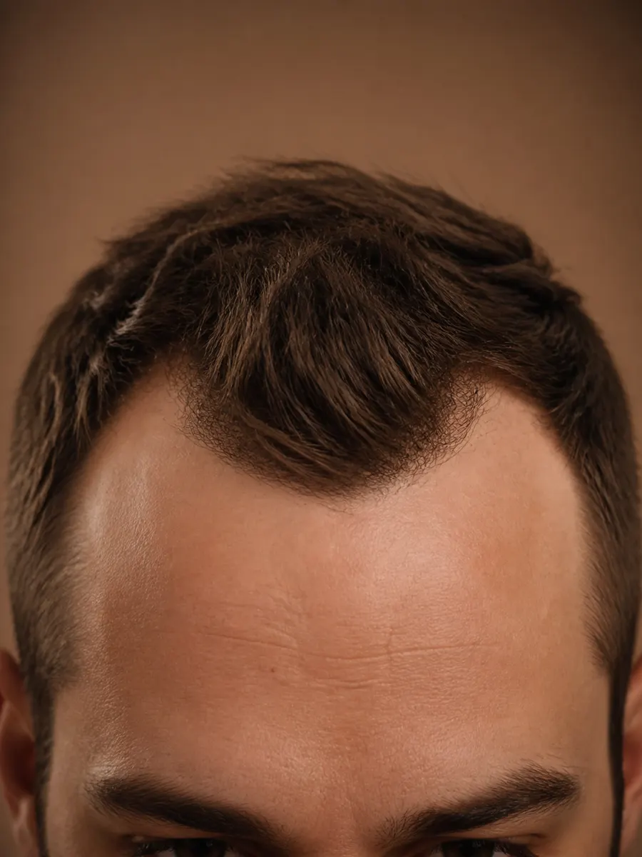 A man's hairline receding into an M shape, early male pattern baldness