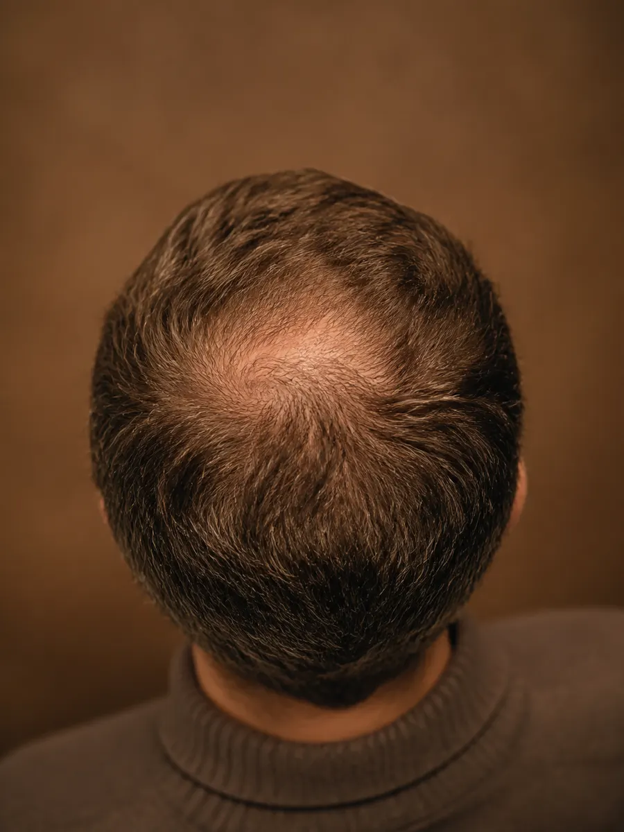 Top view of a man's scalp with a round thinning patch at the crown (vertex)