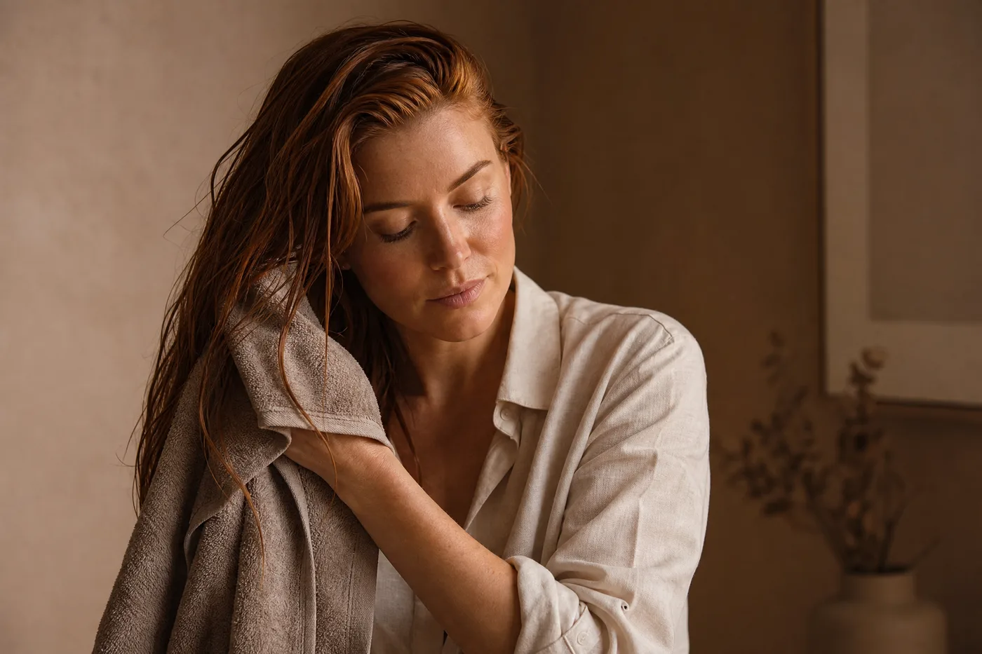 A woman towel-dries her hair at home, the day after a session