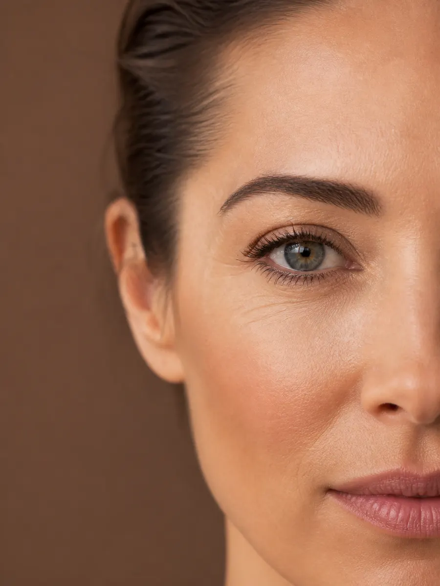 Close-up of a woman's eye area, under-eye lines treated with Botox or dermal filler