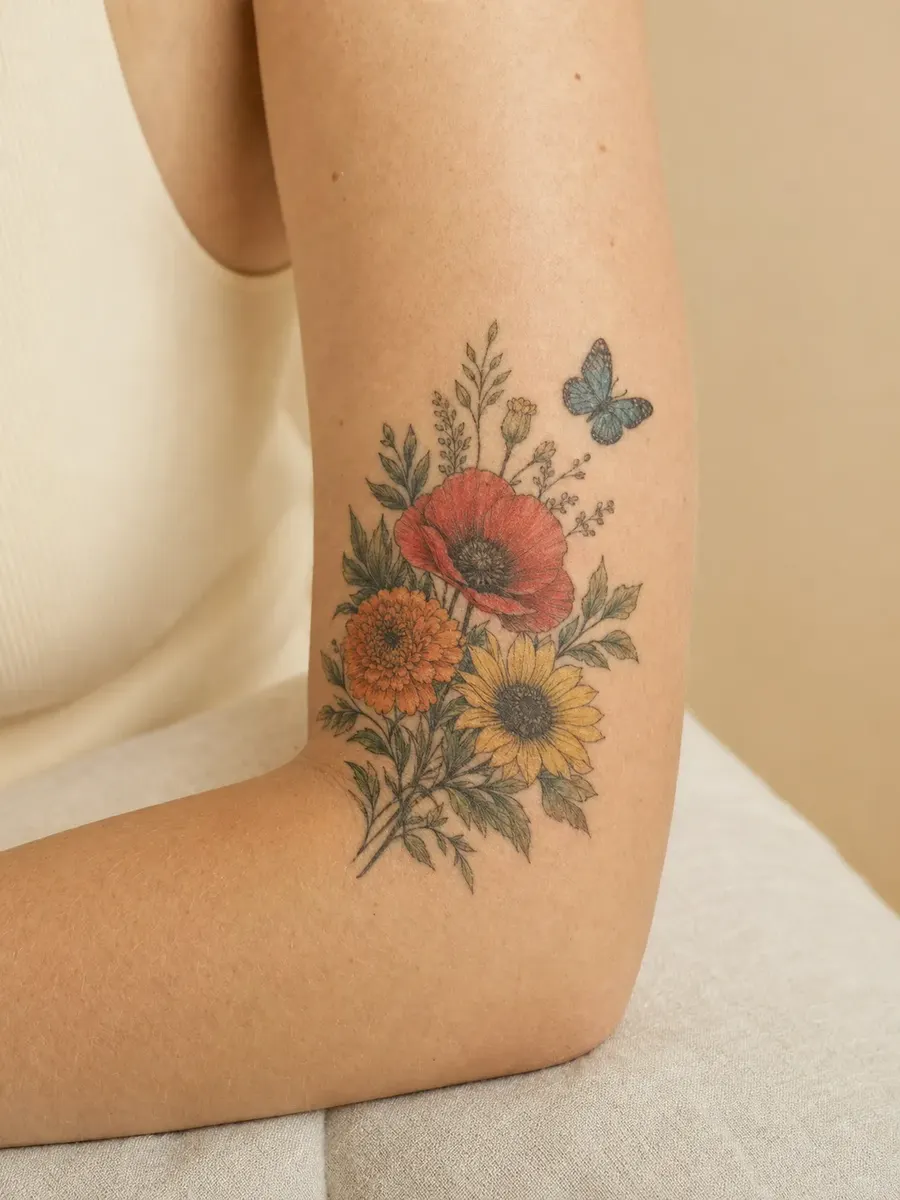 A woman's arm in a cream tank top, a floral tattoo in yellow, orange and red with a blue butterfly, in Sainte-Rose, Laval