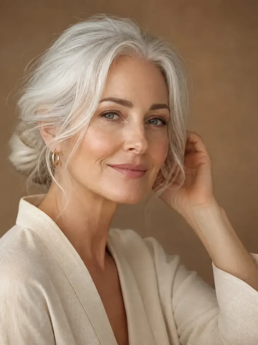 Portrait of a woman with white hair pinned up, her hand near her ear, against a taupe background, in Sainte-Rose, Laval