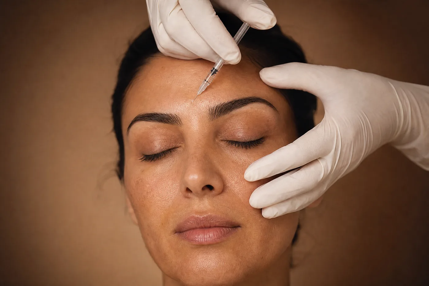 Une main gantée approche une fine seringue du front d'une femme aux yeux fermés