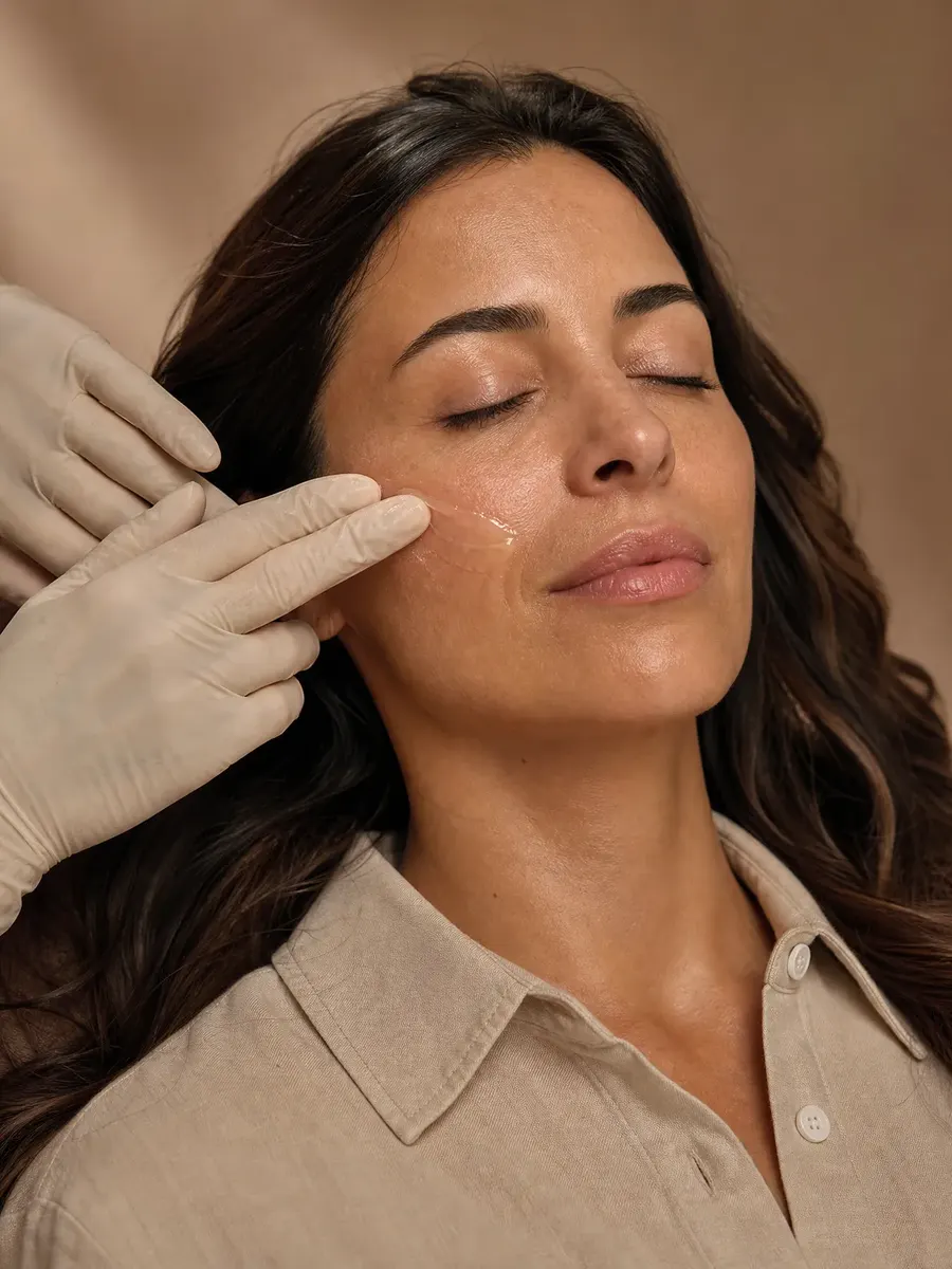 Gloved hands on the cheek of a woman with closed eyes, before a facial laser treatment, in Sainte-Rose, Laval