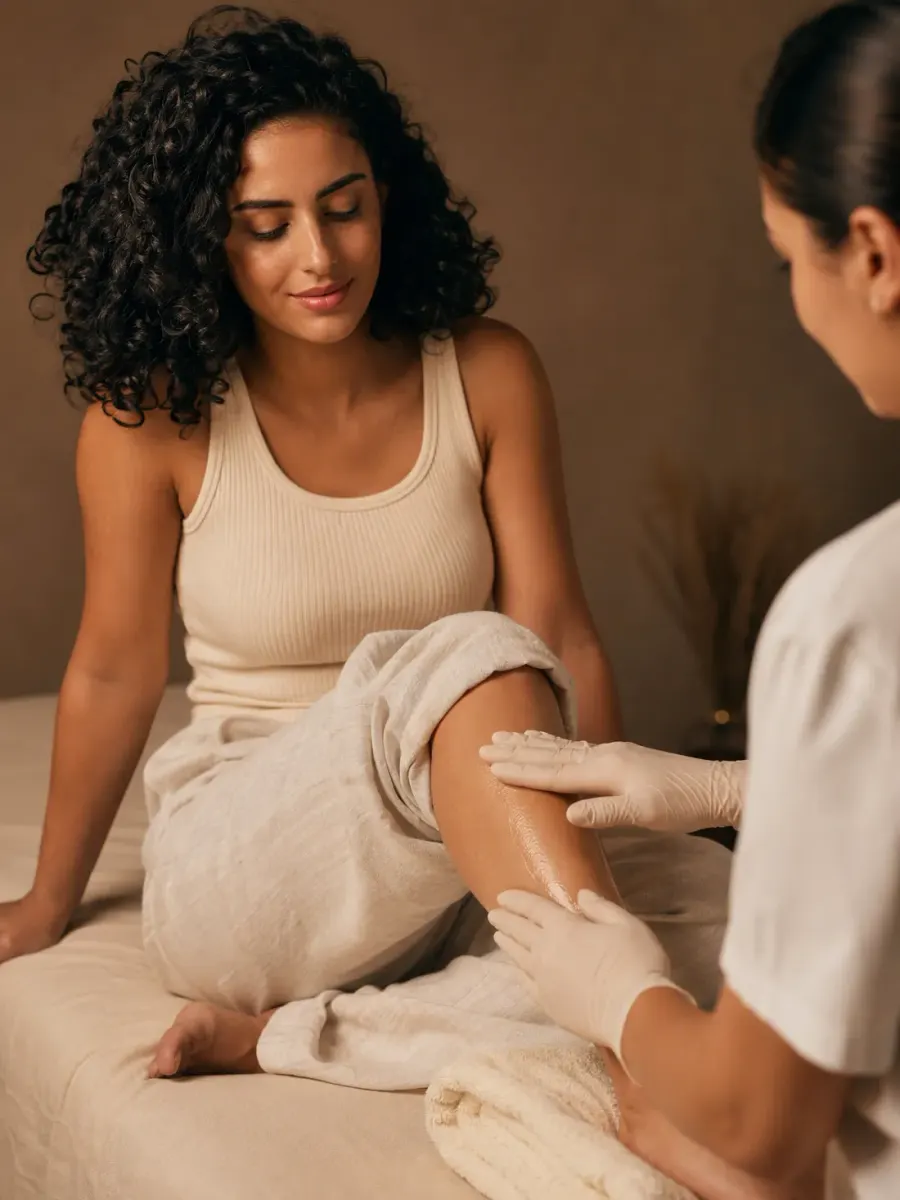 A medical esthetician applies gel to a client’s leg before a laser hair removal session, Clinique DC in Sainte-Rose, Laval