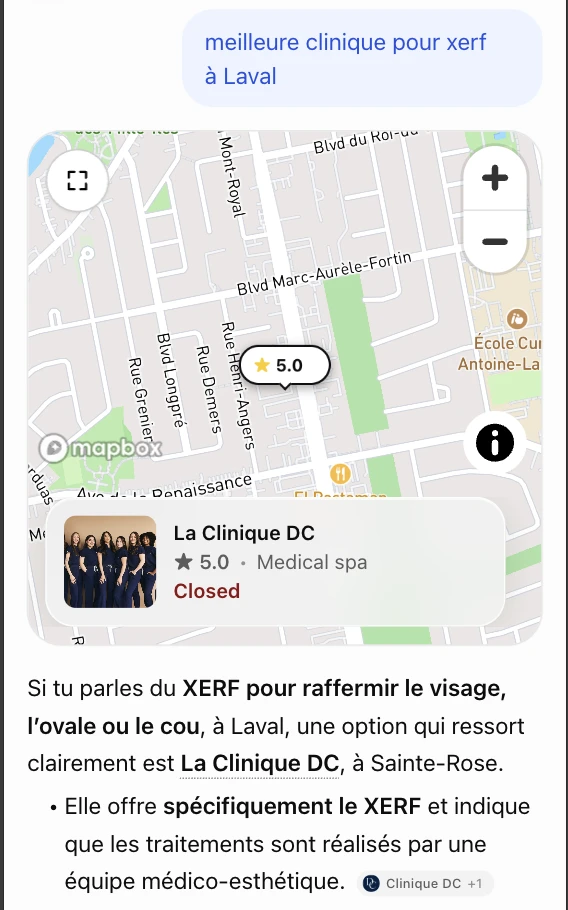 Réponse de ChatGPT à « meilleure clinique pour xerf à Laval » : la carte de Sainte-Rose, la fiche de la Clinique DC, 5,0 étoiles, et le texte qui la désigne comme une option qui ressort clairement à Sainte-Rose