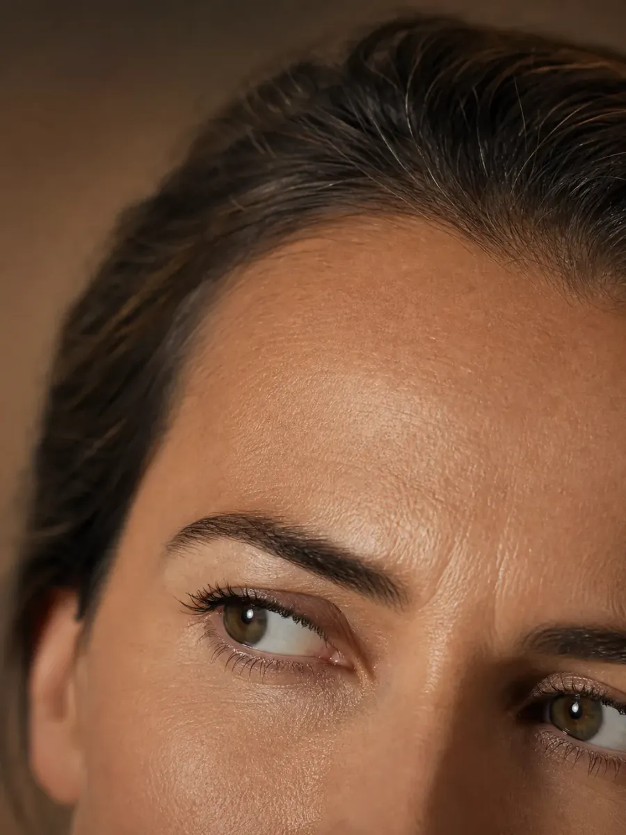 Close-up of a woman's forehead and eyes as she looks to the side, in warm light, in Sainte-Rose, Laval