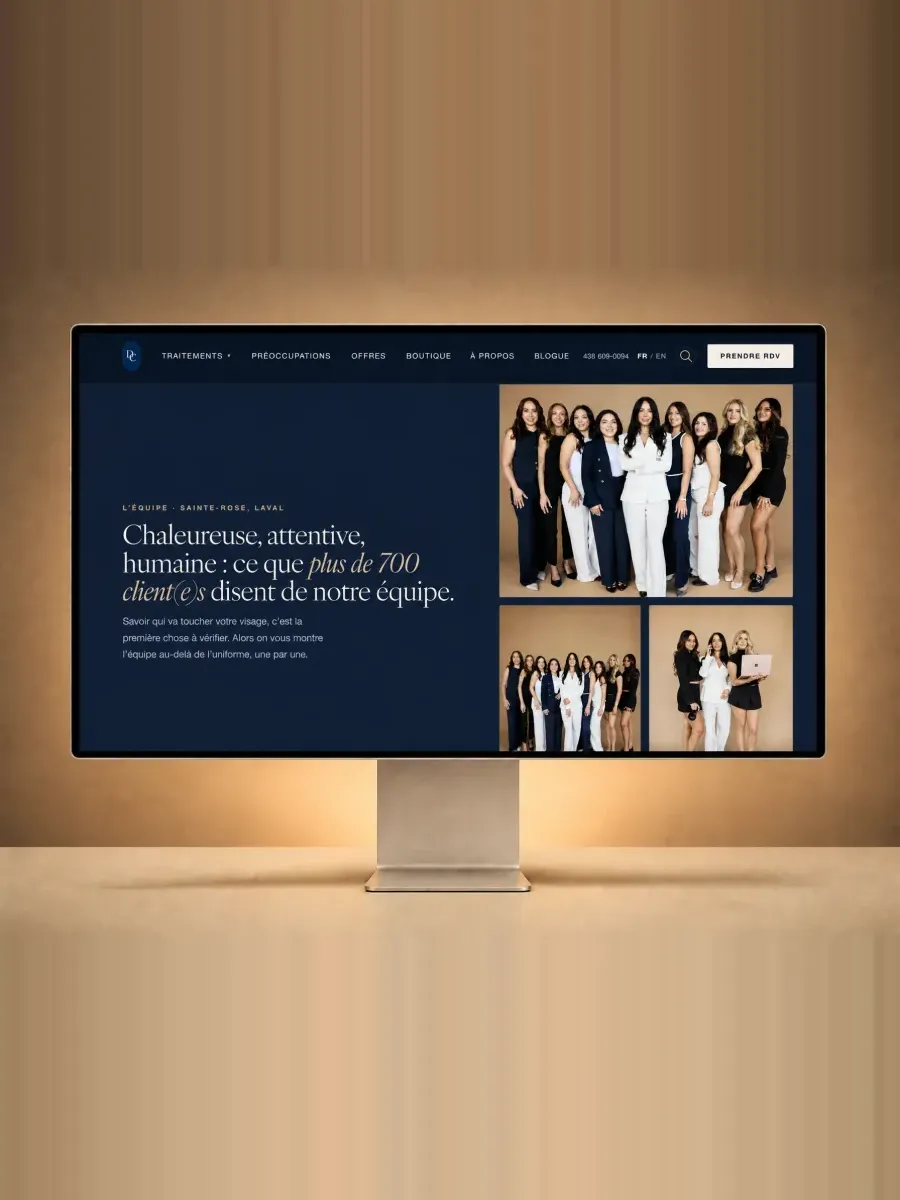 The new Clinique DC website shown on a screen, the team page, aesthetic medicine in Sainte-Rose, Laval
