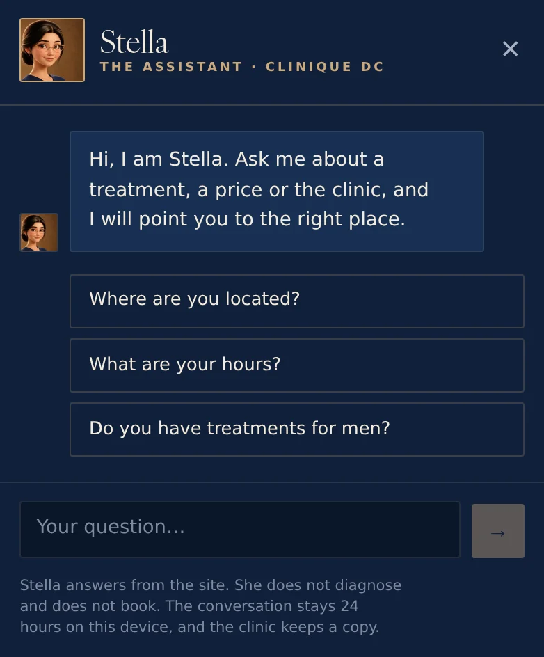 Stella’s panel open on the site: her portrait, her greeting and the first three questions you can ask her