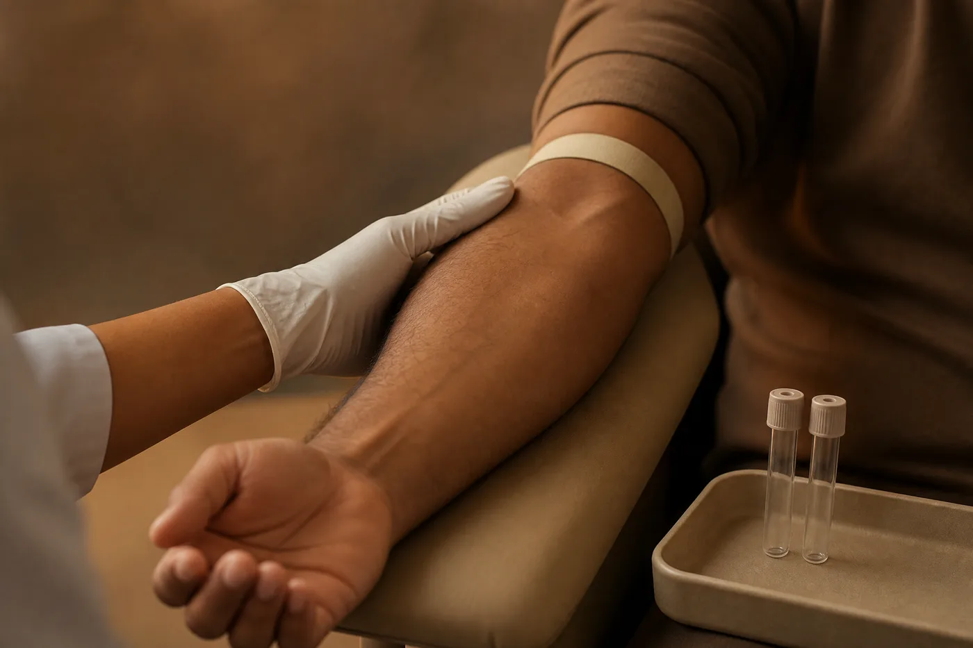 A forearm resting on an armrest, band in place, two empty tubes in a tray