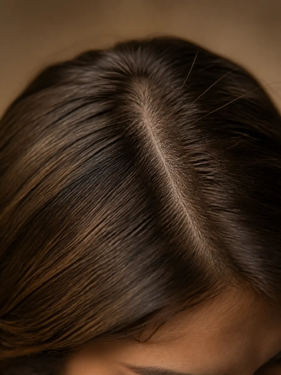 Macro de la raie du cuir chevelu avec repousse, PRP combiné aux exosomes pour les cheveux