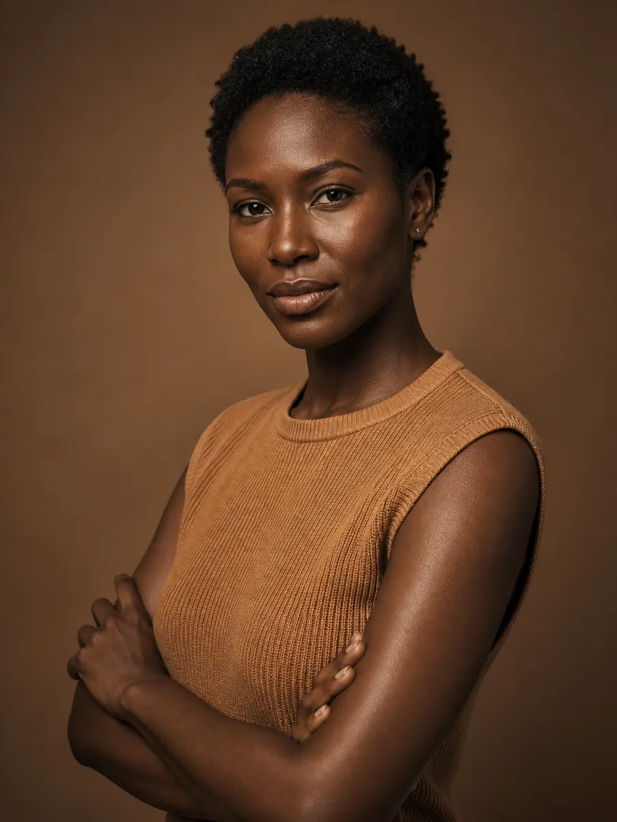 Femme noire aux cheveux crépus courts, bras croisés, qui est candidat au PRP capillaire