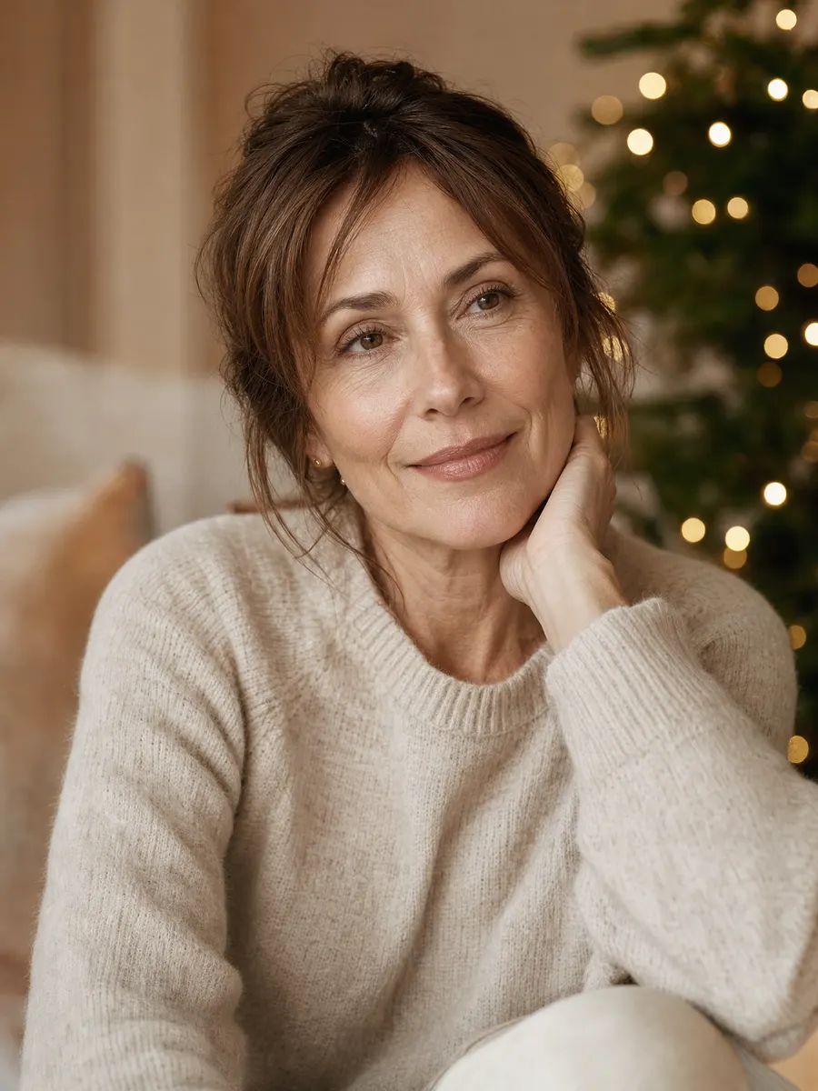 Woman in her fifties in a cream knit, hand under her cheek, a blurred lit Christmas tree behind her, in Sainte-Rose, Laval