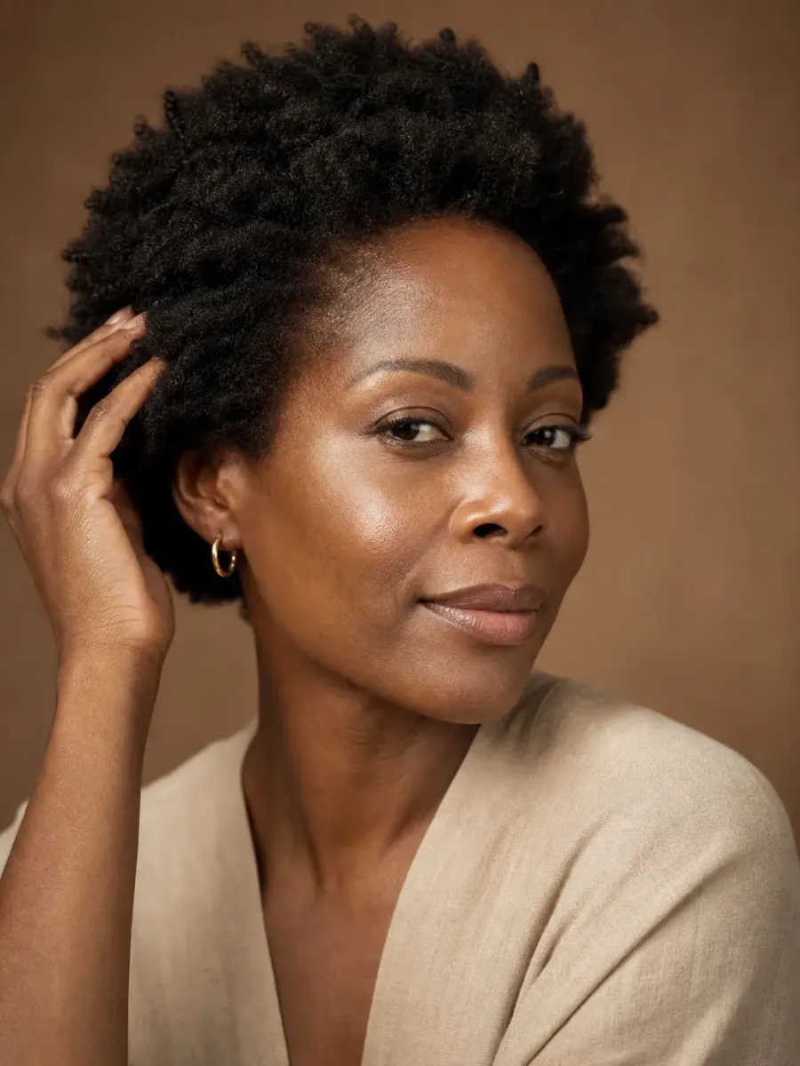 Woman with deep skin and short natural hair, hand in her hair, in a cream knit, in Sainte-Rose, Laval
