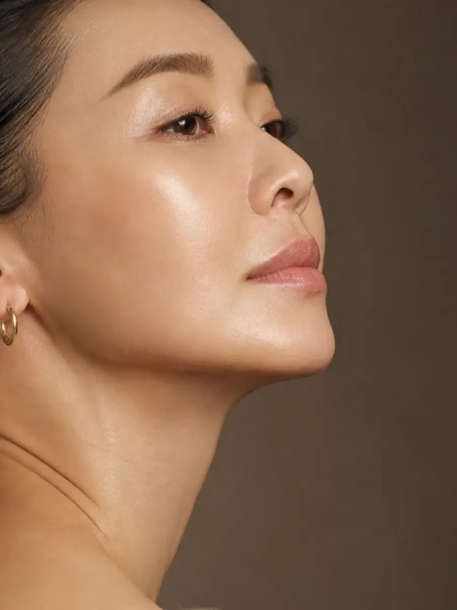 Femme de profil, le visage levé, la mâchoire et le cou dégagés, lumière douce sur la joue, à Sainte-Rose, Laval