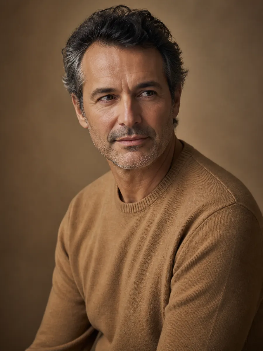 Homme dans la cinquantaine aux tempes grisonnantes, l'air réfléchi, sécurité des exosomes capillaires