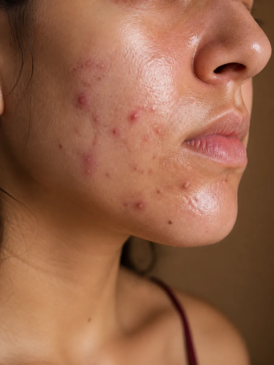 Close-up of a cheek and chin with active acne: inflamed red papules and blackheads, Clinique DC in Sainte-Rose, Laval