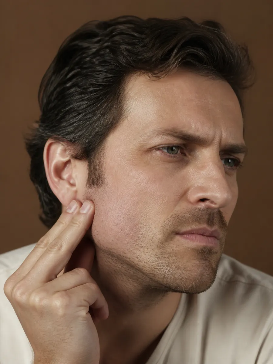 Man pressing his fingers on the angle of his jaw, masséter muscle clenched, Clinique DC in Sainte-Rose, Laval