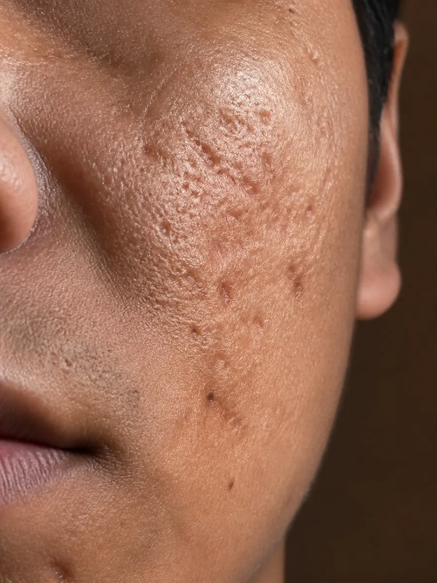 Macro of a cheek in raking light: dented acne scars catching the light, Clinique DC in Sainte-Rose, Laval