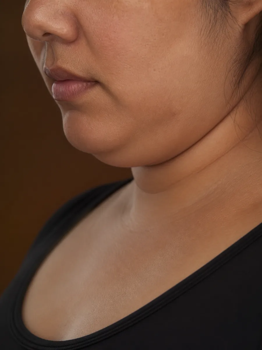 Close-up of a chin and neck with a pad of fat under the chin, Clinique DC in Sainte-Rose, Laval