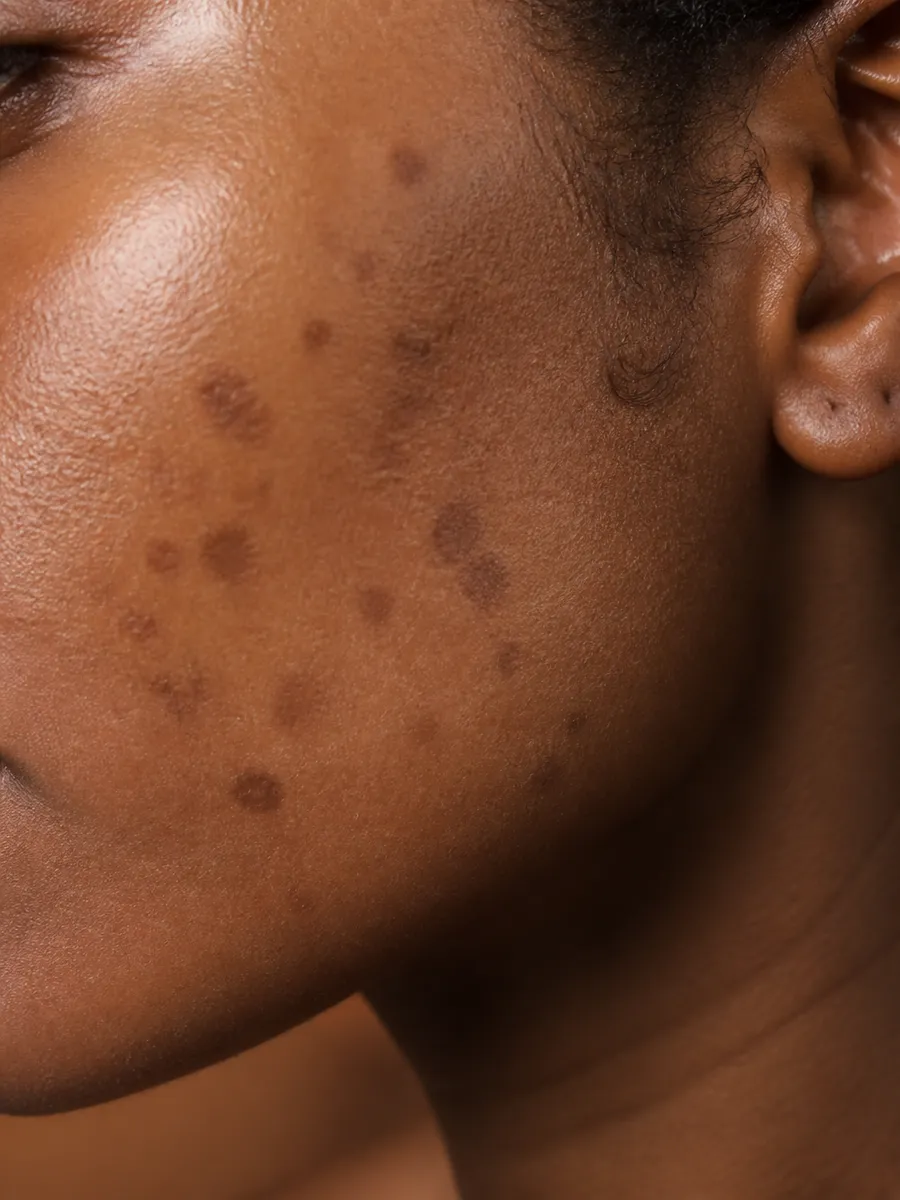 Close-up of a deep-toned cheek marked with post-inflammatory hyperpigmentation, Clinique DC in Sainte-Rose, Laval