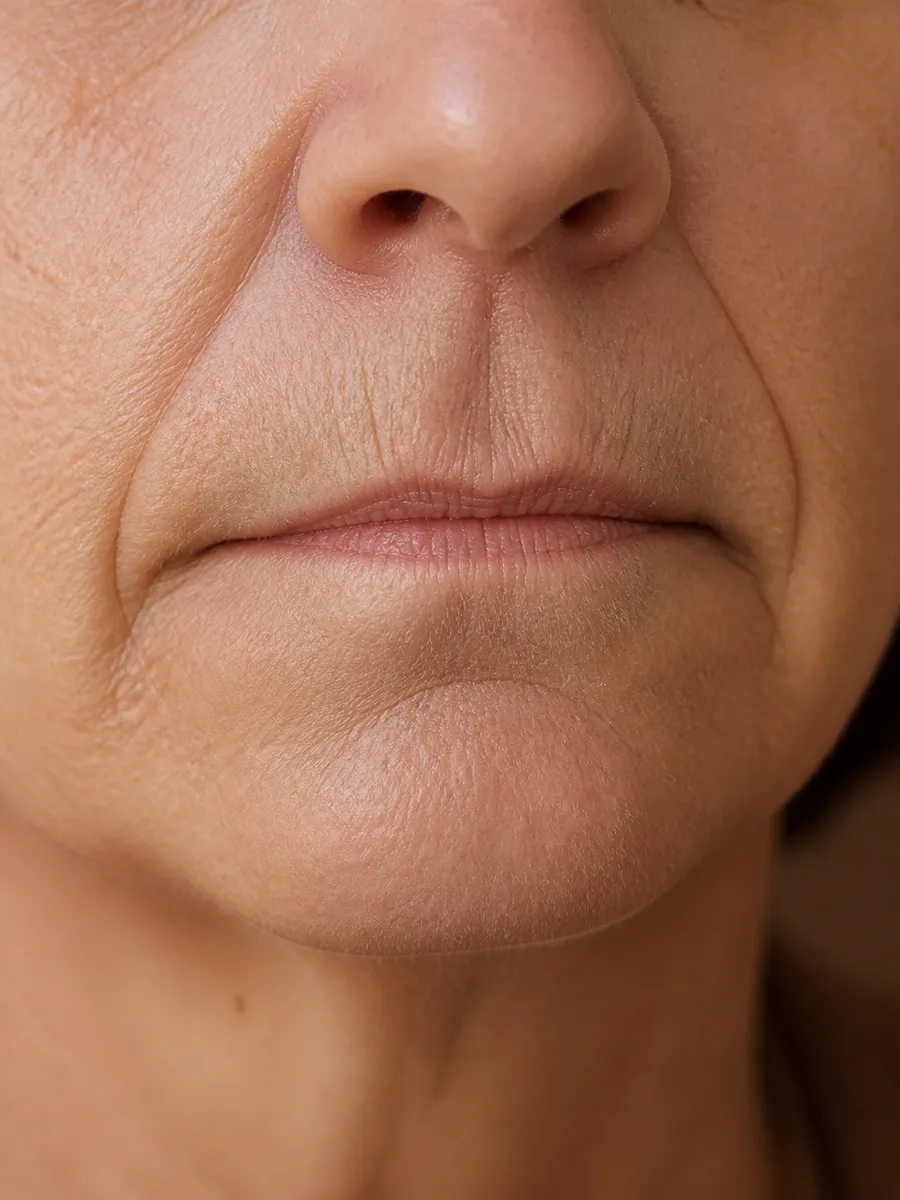 Close-up of a mouth with very thin lips, ringed by fine vertical lines, Clinique DC in Sainte-Rose, Laval