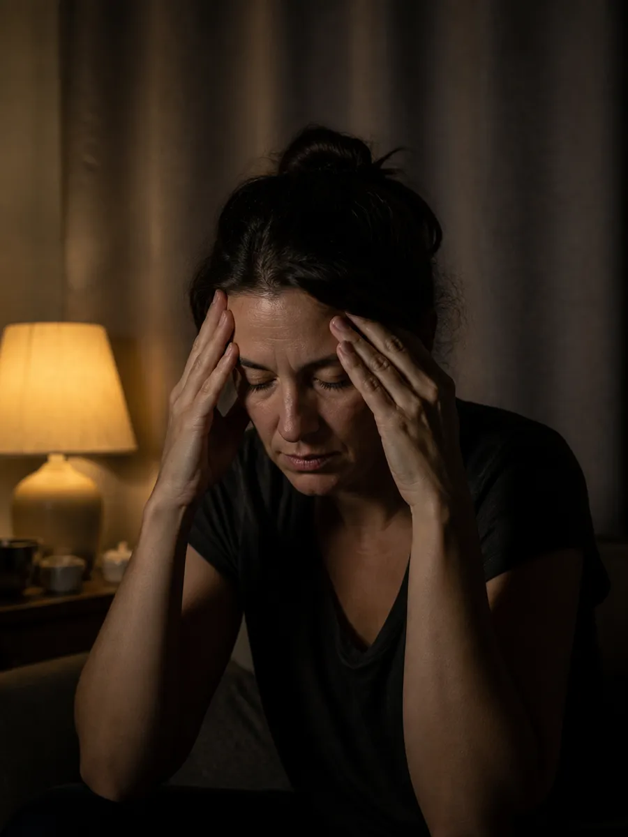 Woman sitting in a dim room, eyes closed, hands at her temples during a migraine, Clinique DC in Sainte-Rose, Laval