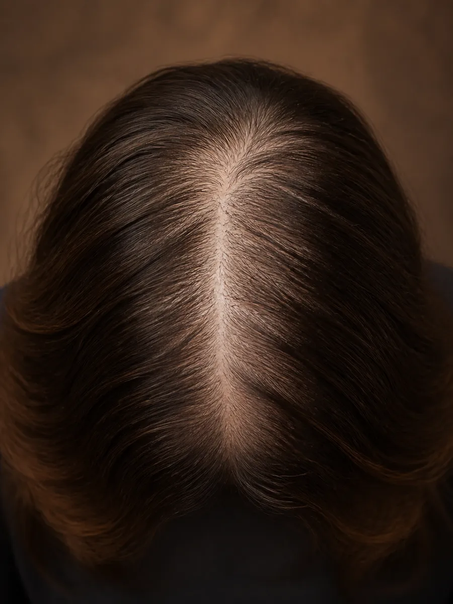 Top-down view of a scalp: the parting has widened and the scalp shows through, Clinique DC in Sainte-Rose, Laval