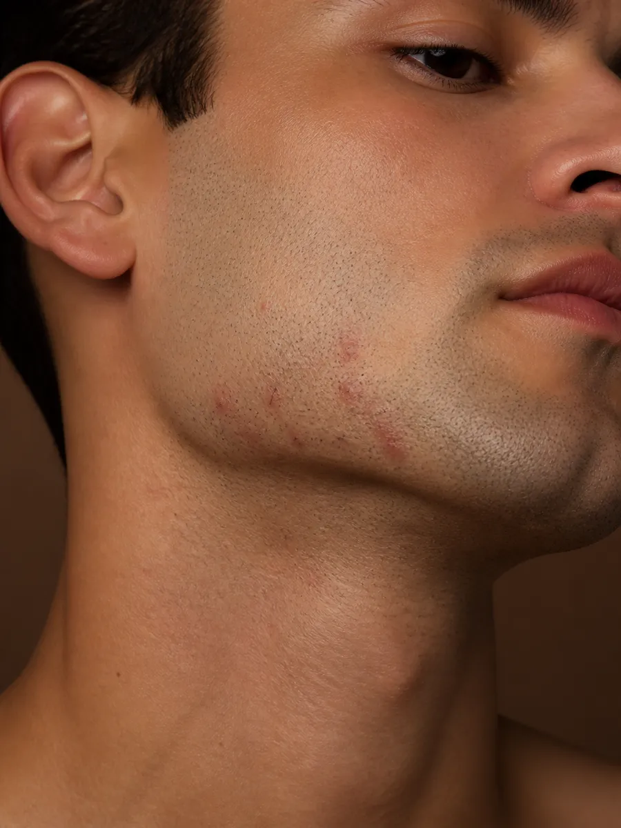 A man's jawline the day after shaving: red bumps from ingrown hairs, Clinique DC in Sainte-Rose, Laval