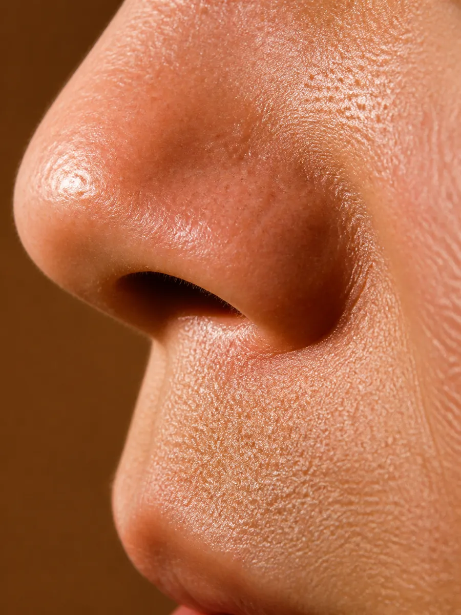 Macro of nose and cheek in raking light: pores clearly enlarged and open, Clinique DC in Sainte-Rose, Laval