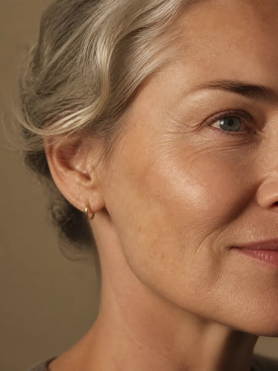 Cheekbone scattered with flat brown sun spots, solar lentigines, Clinique DC in Sainte-Rose, Laval