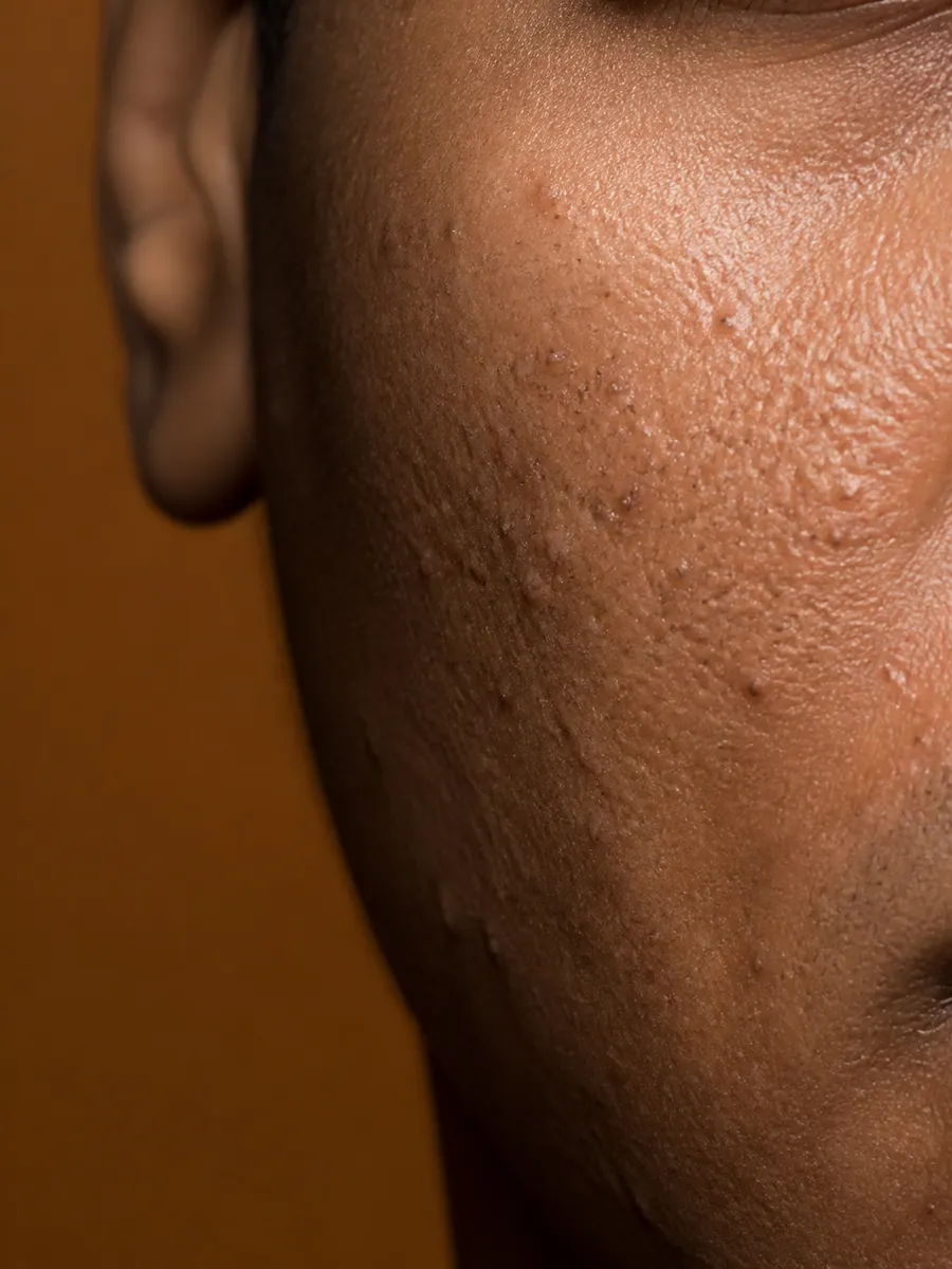 Macro of a cheek in raking light: uneven grain, small bumps and dips across the skin, Clinique DC in Sainte-Rose, Laval