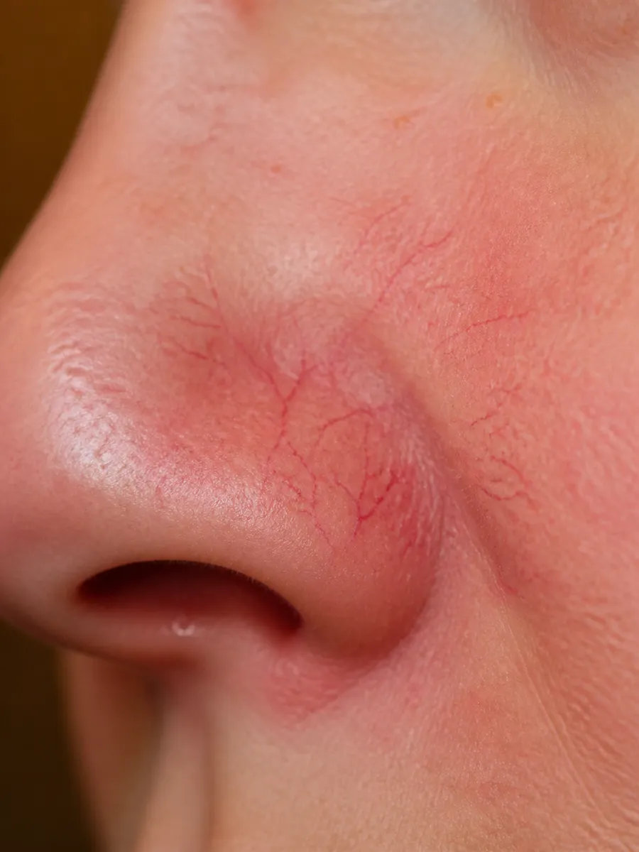 Macro of the side of the nose: fine broken red capillaries branching across the skin, Clinique DC in Sainte-Rose, Laval