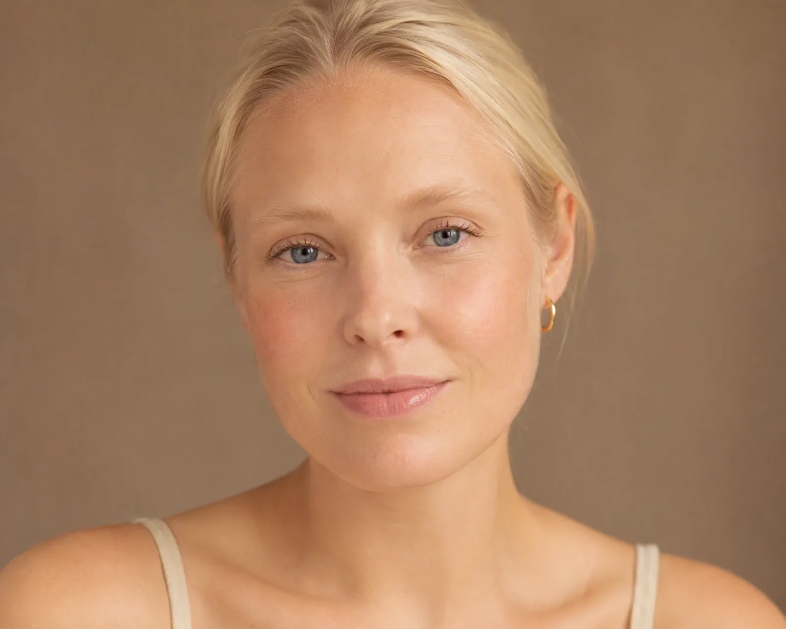 Portrait of a young blonde woman, hair pulled back, against a taupe background
