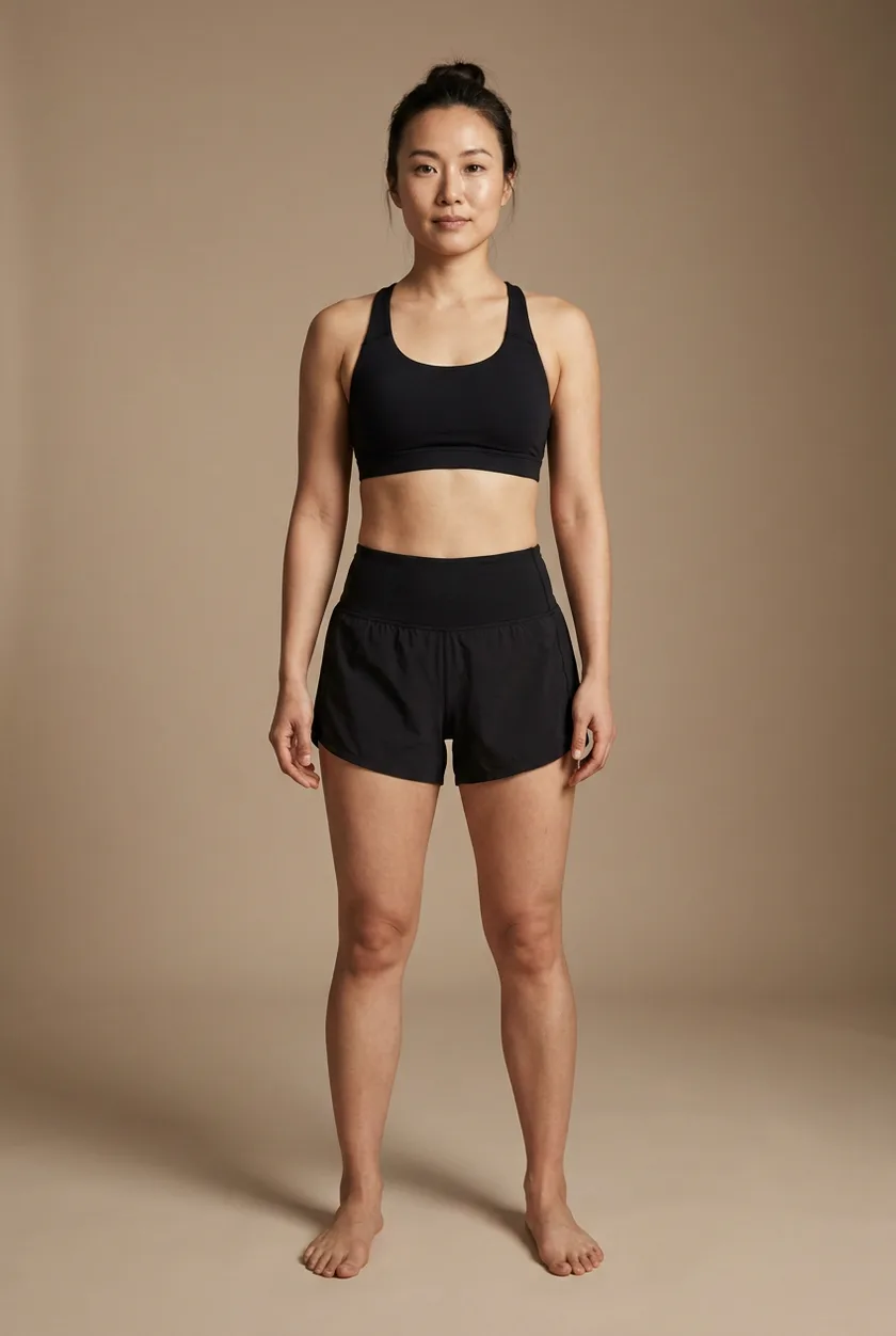 Une silhouette de femme debout, chaque zone traitable au laser marquée d’un repère doré