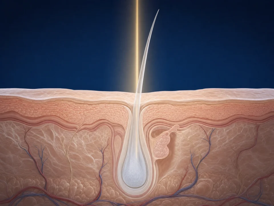 Skin cross-section: a white hair, the light passes without heating the root