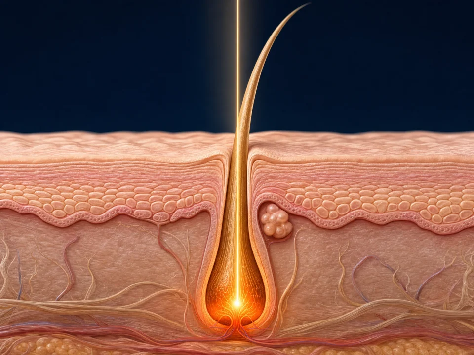 Skin cross-section: a golden blonde hair, its root heats under the beam