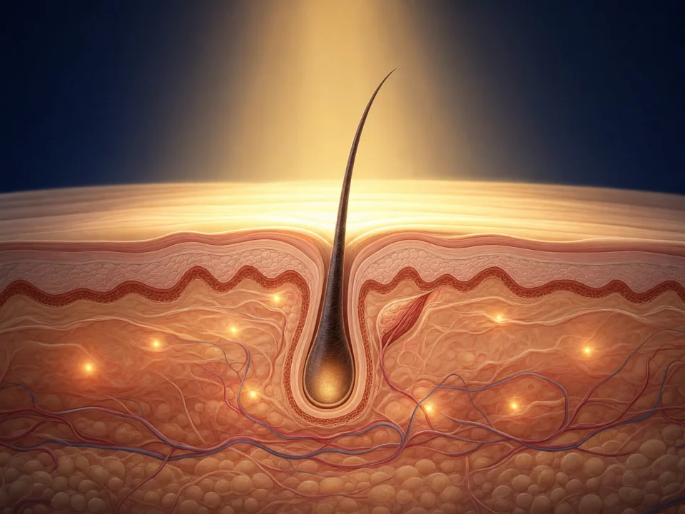 Skin cross-section: IPL light spreads and heats the skin around the hair