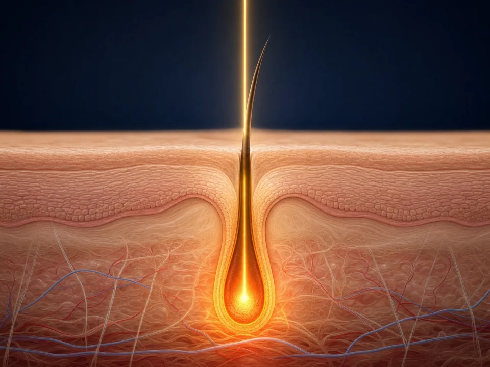 Skin cross-section: the laser beam travels down the hair and heats its root