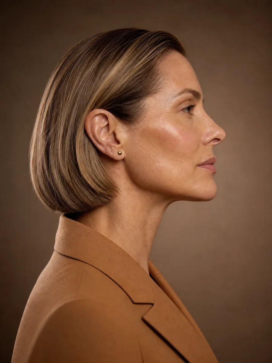 Profile of a woman with defined cheekbones and jawline, facial contour treatment in Laval
