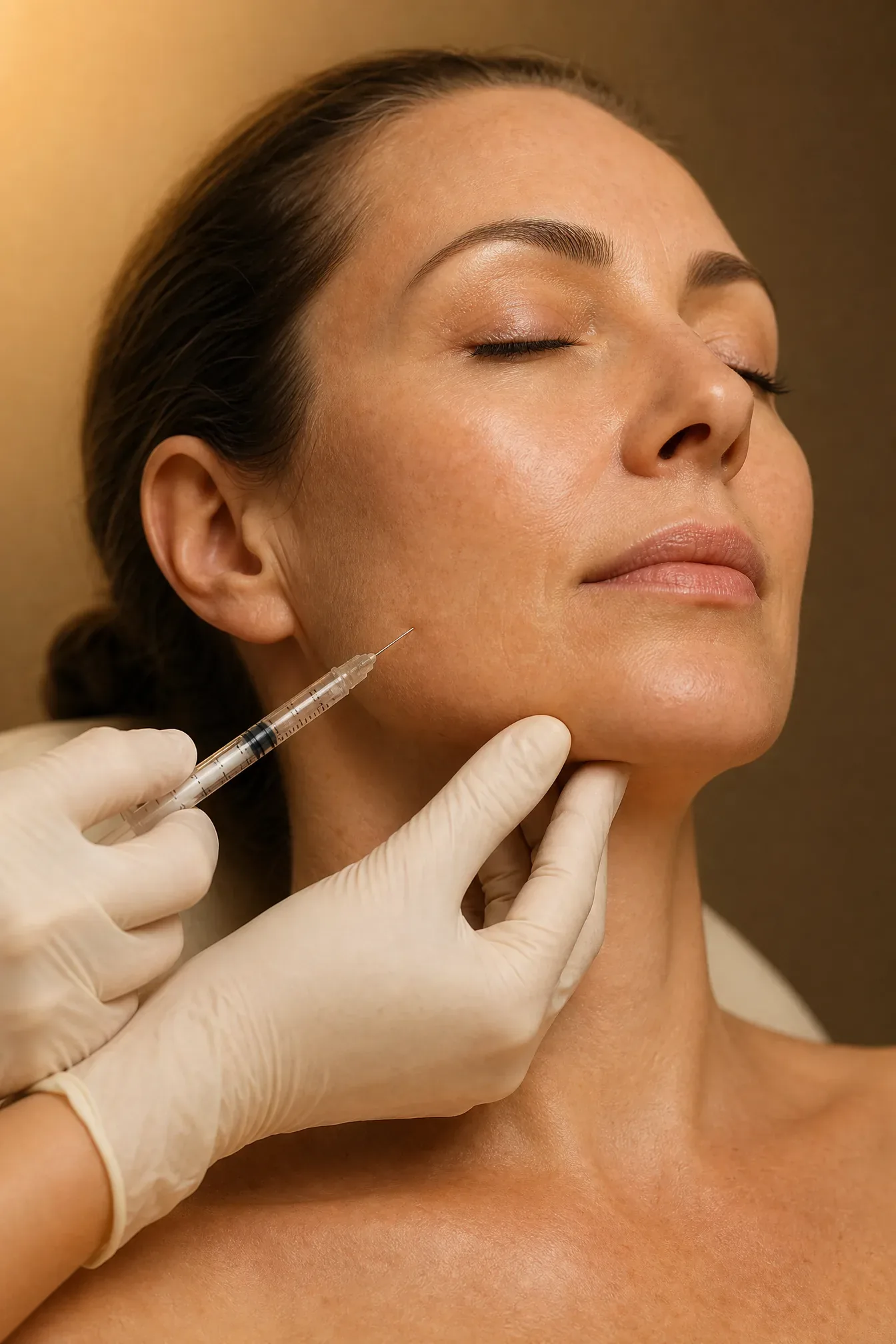 A gloved hand injects hyaluronic acid along a woman's jawline