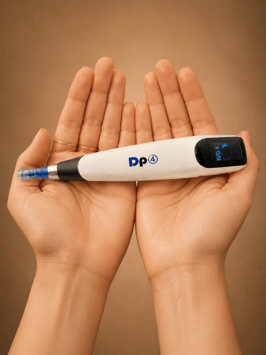 Dermapen DP4 microneedling pen held in two hands, calibrated micro-channels in Sainte-Rose, Laval