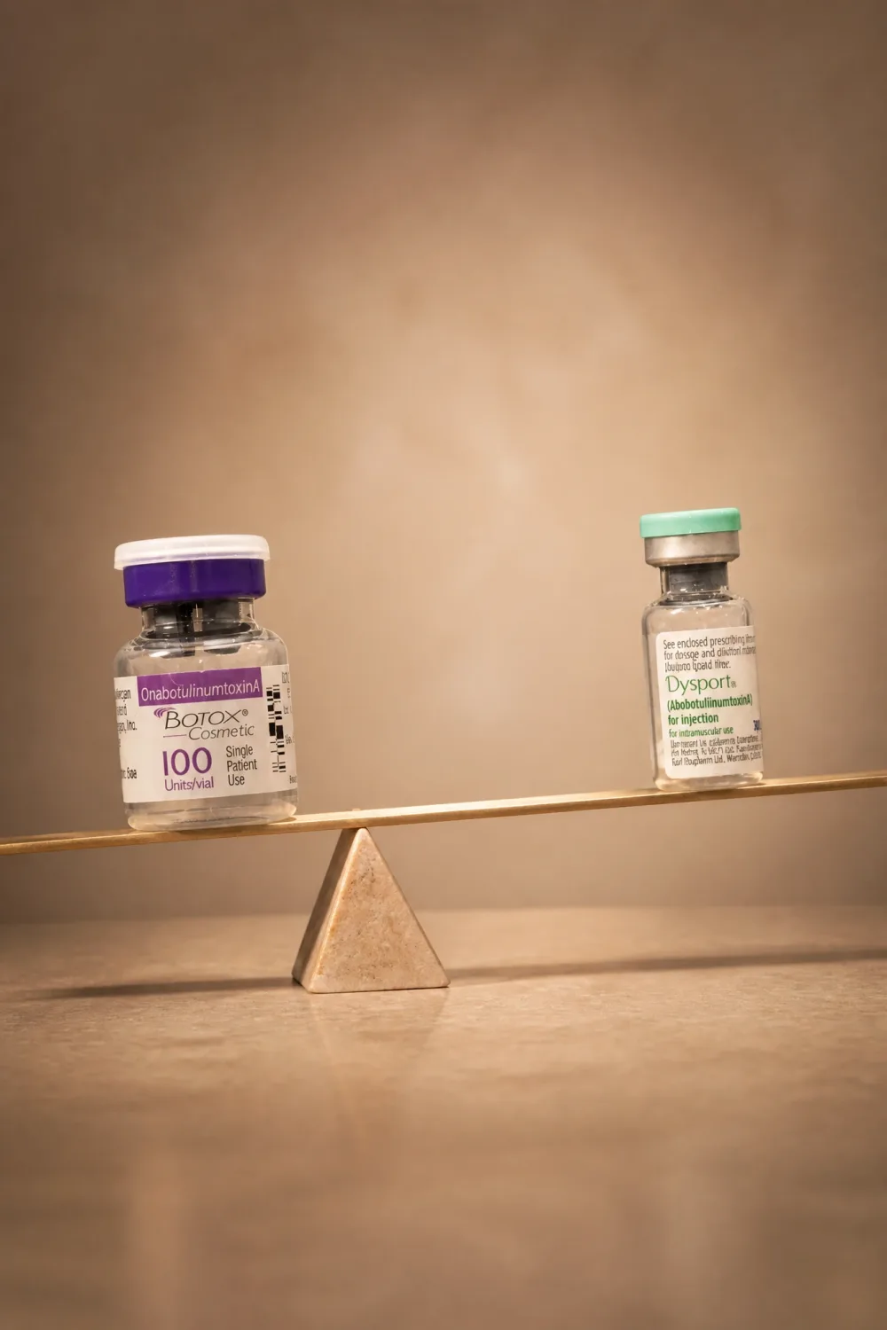 Two neuromodulator vials balanced on a small wooden scale